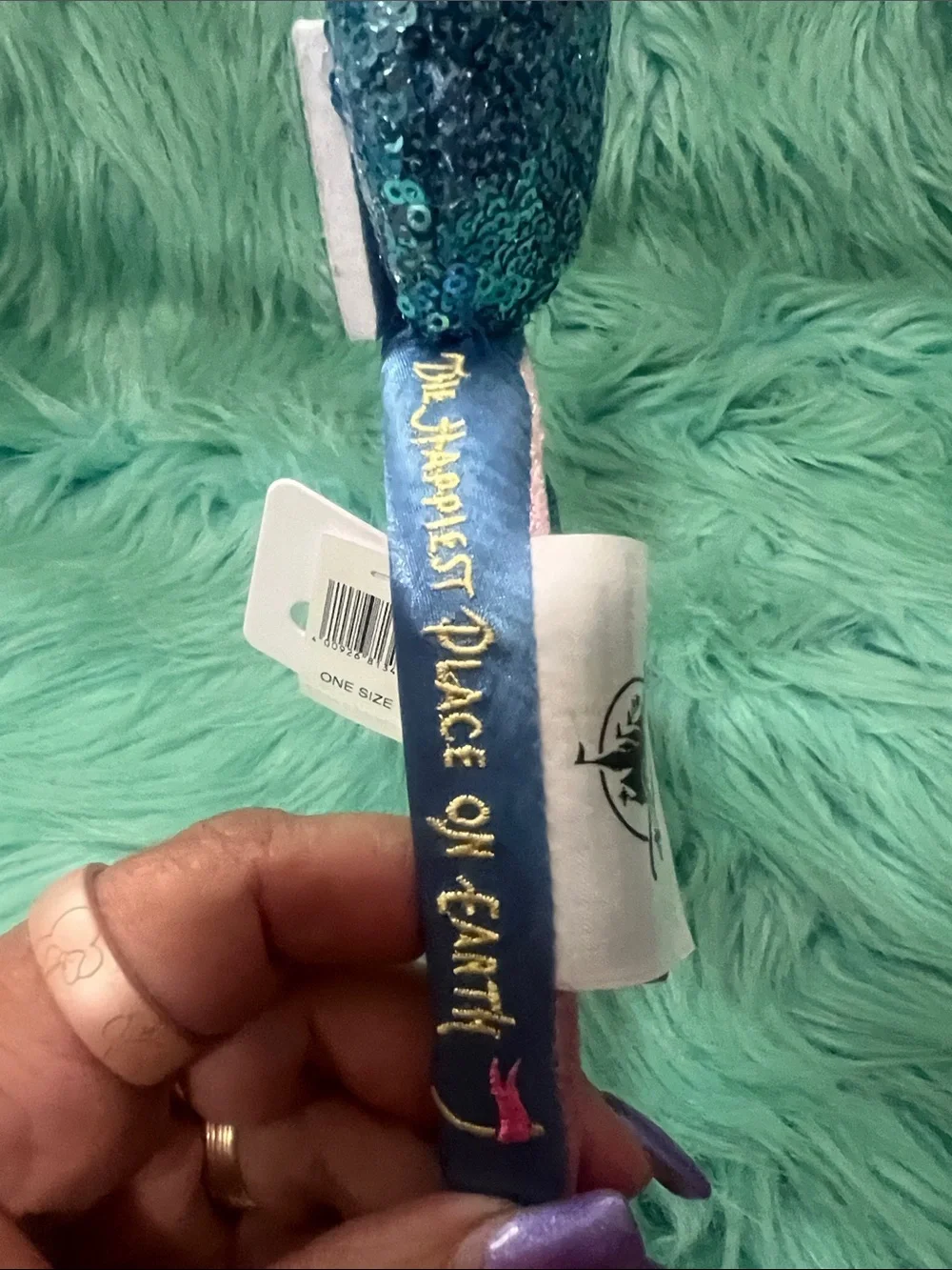 NWT Disney Teal Sequin marquee Minnie Ear Headband Happiest Place On Earth